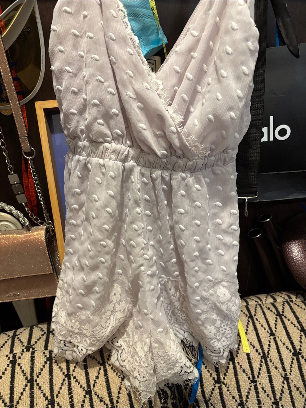 Women’s White Swiss Dot Lace Trim V-Neck roper dress. P2P16